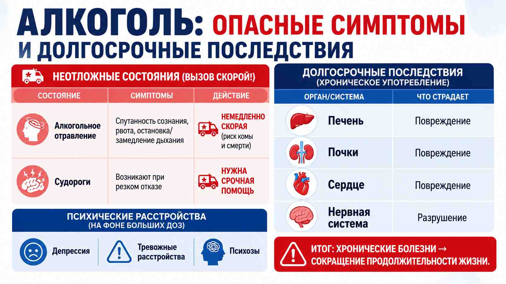 Инфографика об опасных симптомах употребления алкоголя