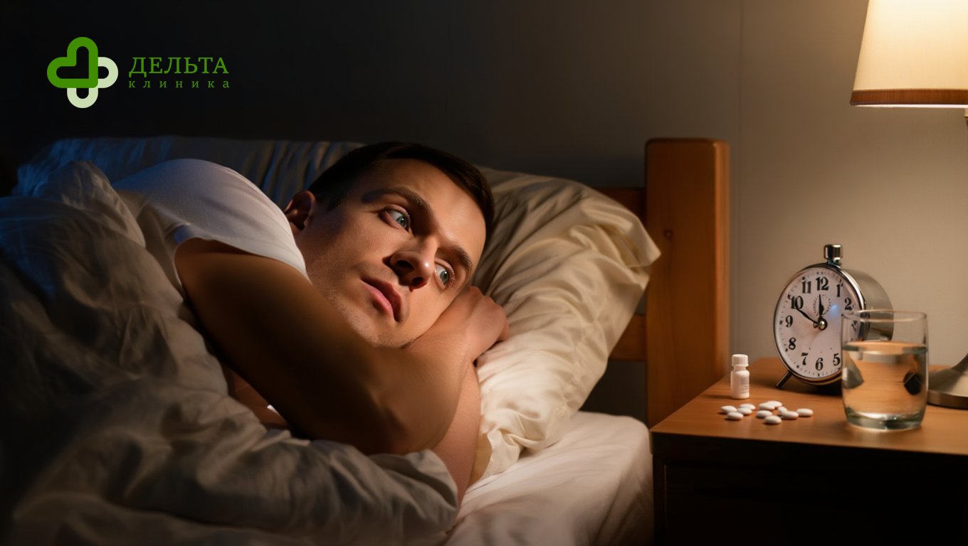 Мужчина лежит в постели с часами